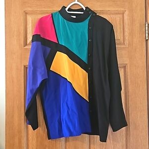 City Fox vintage rayon color bock side button shirt sz.14 retro 80s 90s